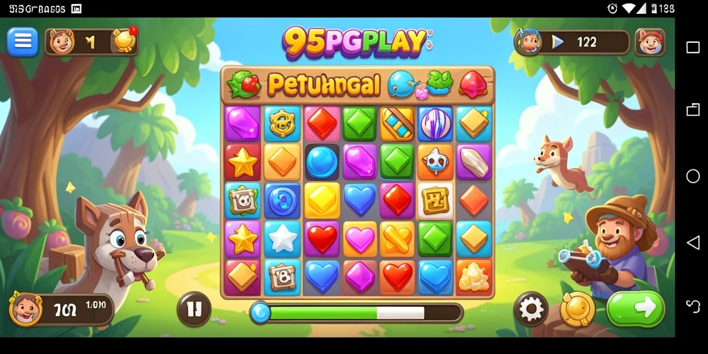 Screenshot gameplay 95PGPLAY dengan level Match-3 yang penuh warna.