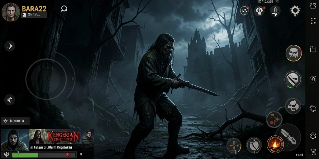Screenshot gameplay BARA22 menampilkan suasana mencekam dan menakutkan.