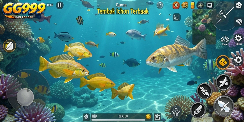 Tampilan gameplay GG999 dengan aksi menembak ikan yang seru.