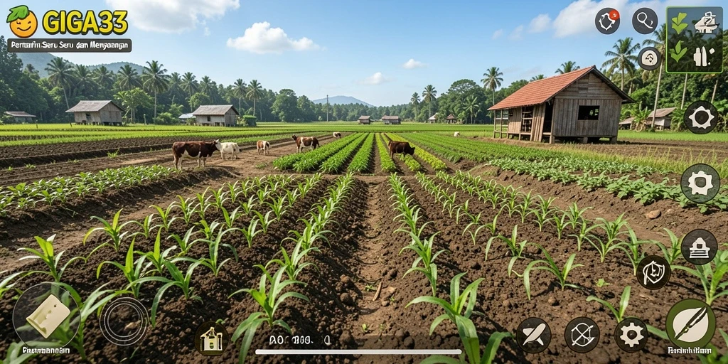 Tangkapan layar GIGA33 menampilkan pemandangan pertanian yang indah dan penuh warna.