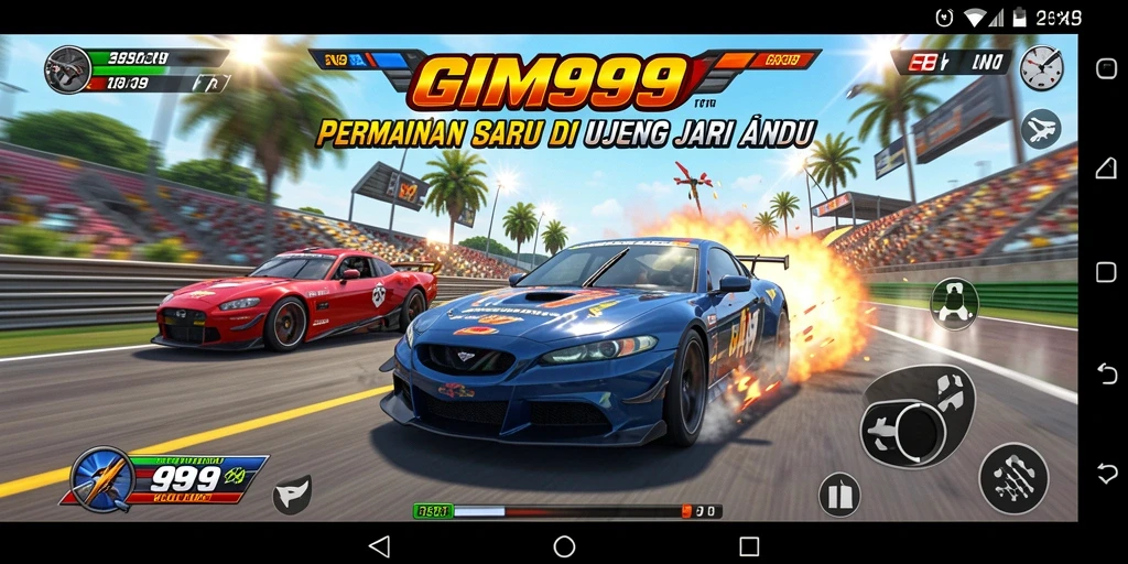 Screenshot utama GIM999 menampilkan balapan seru dengan mobil-mobil cepat.