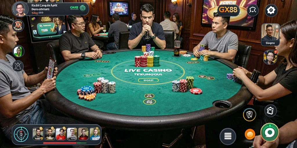 Screenshot GX88 menampilkan dealer profesional dan pemain menikmati permainan Live Casino.