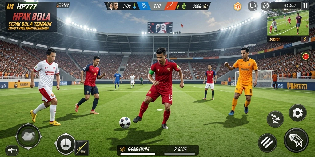 Tampilan gameplay HP777 dengan aksi sepak bola seru.