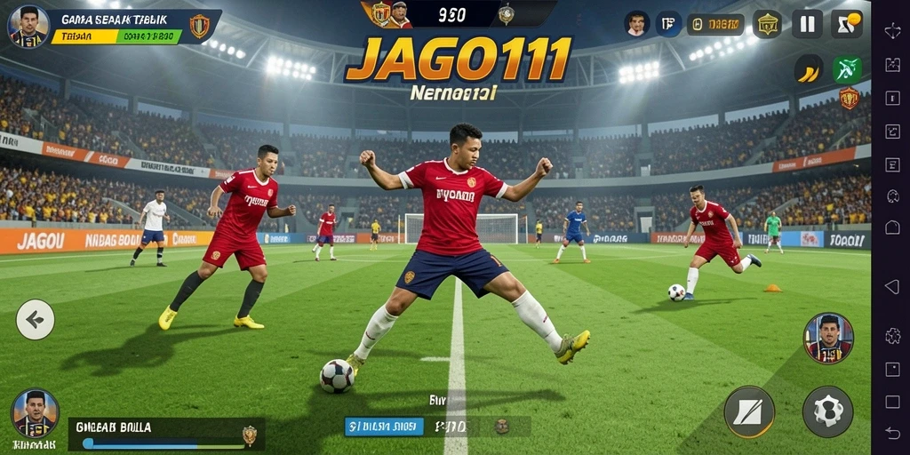 Tampilan gameplay JAGO11 yang seru di lapangan sepak bola.