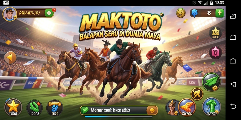 Screenshot gameplay MAKTOTO menampilkan aksi balapan yang mendebarkan dan kendaraan yang beragam.