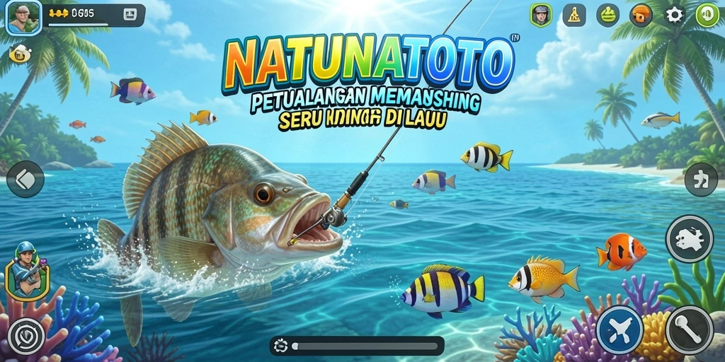Screenshot utama NATUNATOTO menampilkan pemain memancing di laut yang indah.