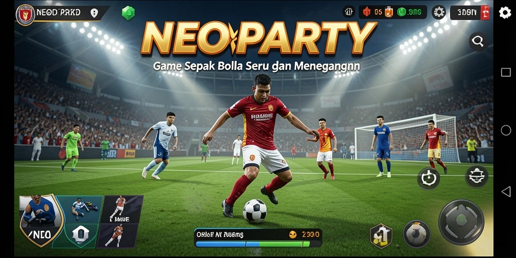 Screenshot gameplay NEOPARTY yang menggambarkan momen seru dalam pertandingan sepak bola.