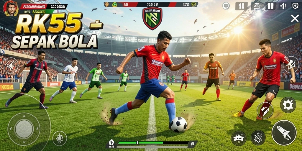 Tampilan gameplay menarik dalam RK55 saat pertandingan sepak bola berlangsung.