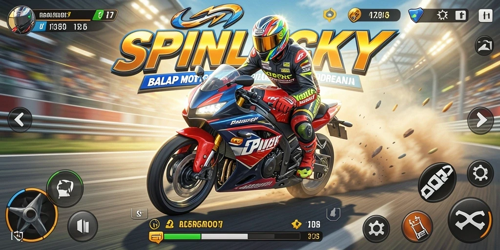 Tampilan gameplay menegangkan dari SPINLUCKY saat balapan motor.