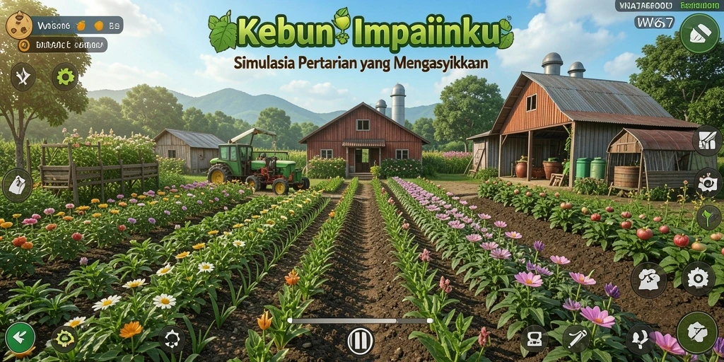 Screenshot utama W67 menampilkan aktivitas bercocok tanam yang seru.